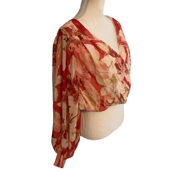 Flying Tomato  Pink Gold Metallic Floral Balloon Sleeve Top - Picture 3 of 4